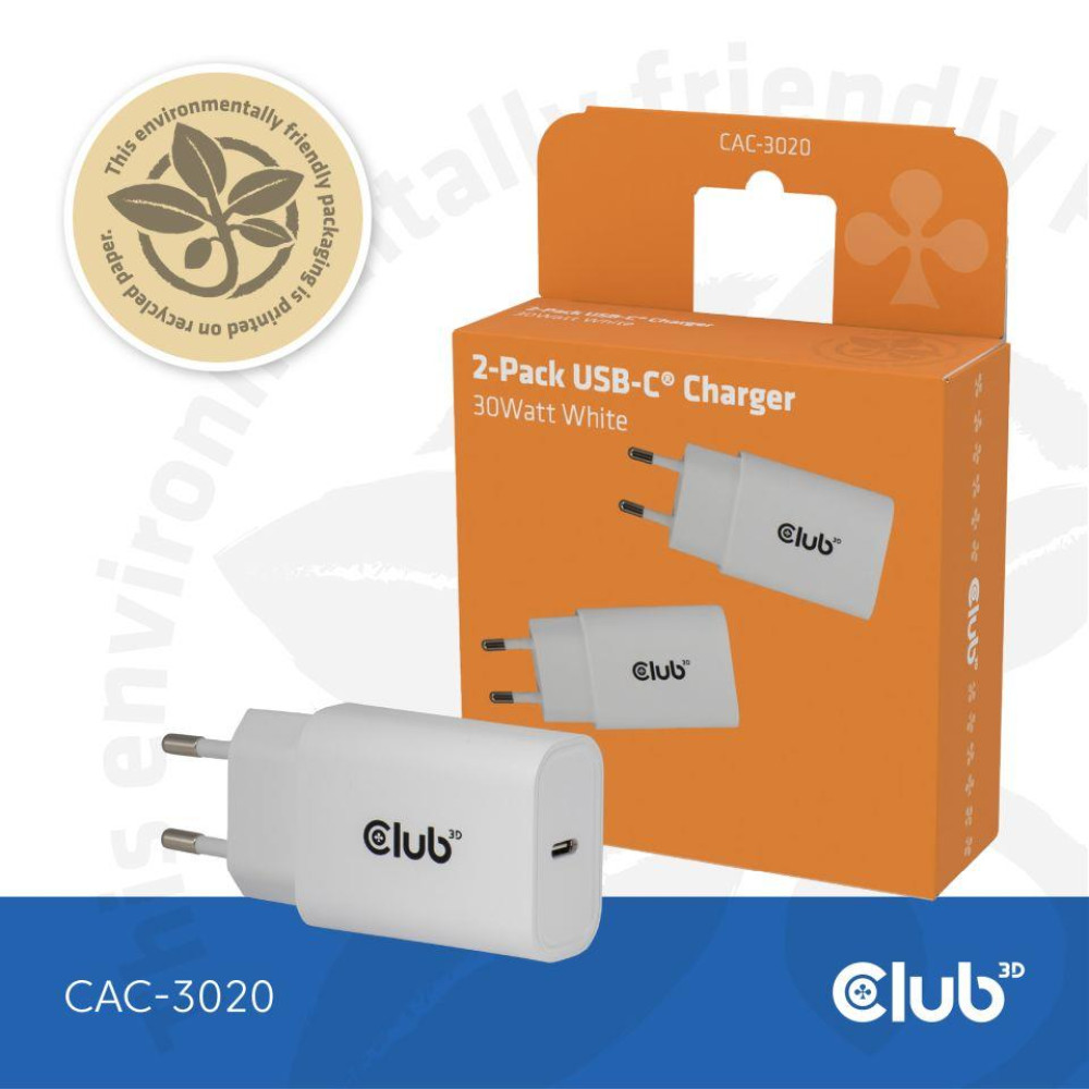 MOBILE CHARGER WALL USB-C/2PACK 30W WH CAC-3020 CLUB3D MOBILE CHARGER WALL USB-C/2PACK 30W WH CAC-3020 CLUB3D