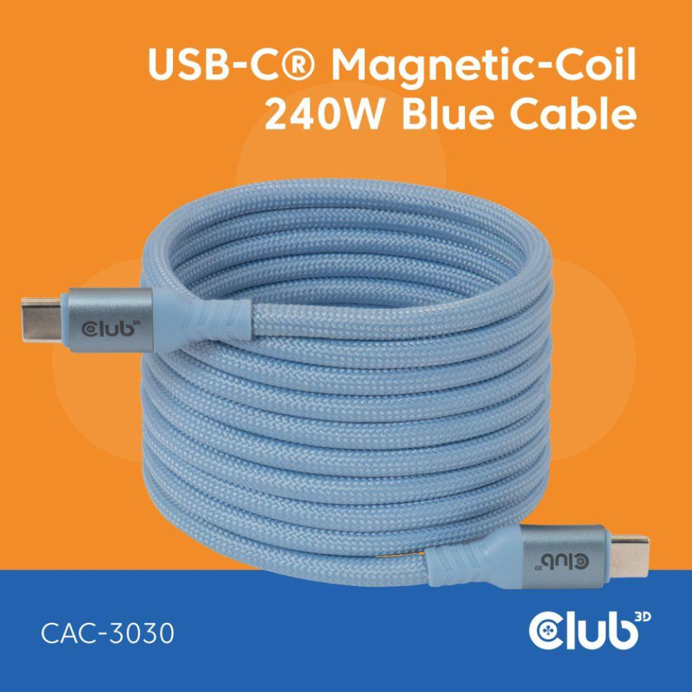 CABLE USB-C TO USB-C 2M/MAGNETIC BLUE CAC-3030 CLUB3D CABLE USB-C TO USB-C 2M/MAGNETIC BLUE CAC-3030 CLUB3D