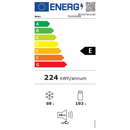 BEKO Refrigerator , BCHA275K41SN , Energy efficiency class